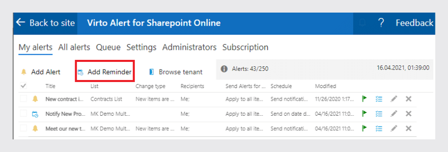 add reminder in Sharepoint alerts