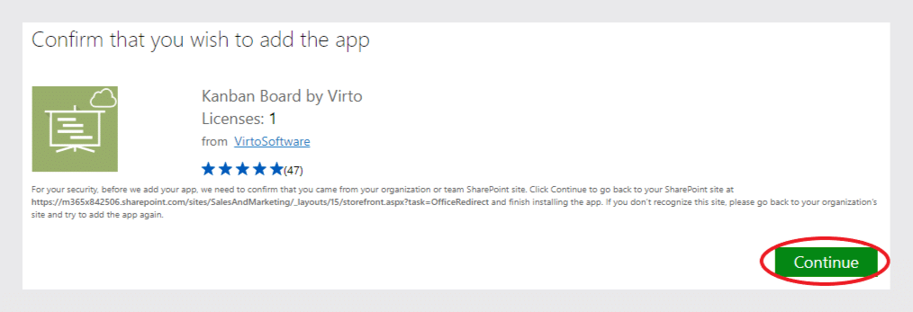 Click “Continue” to confirm adding the Kanban.