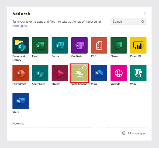 select Virto Kanban Board from the list of apps.