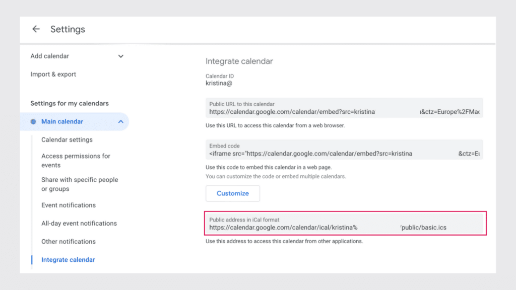 iCal calendar in google