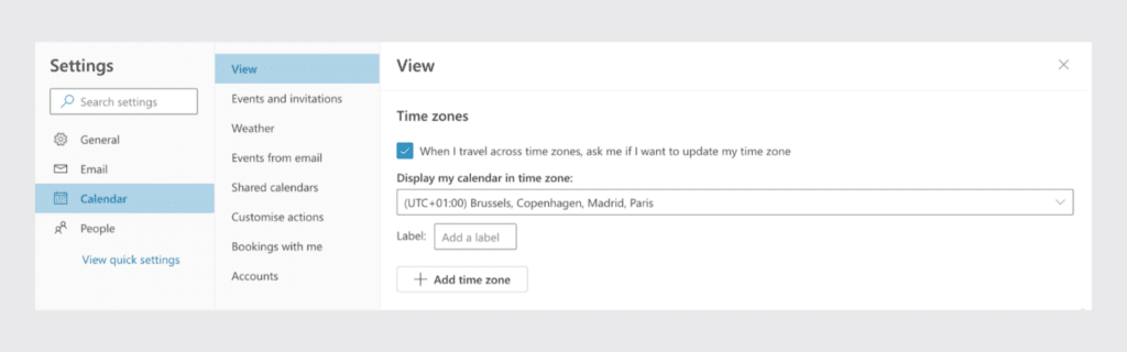 time zones in outlook calendar