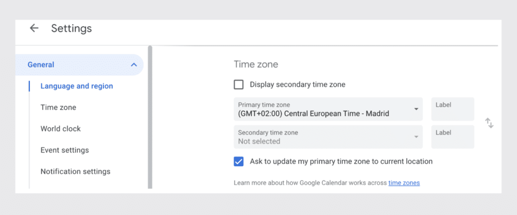 time zones in google calendar