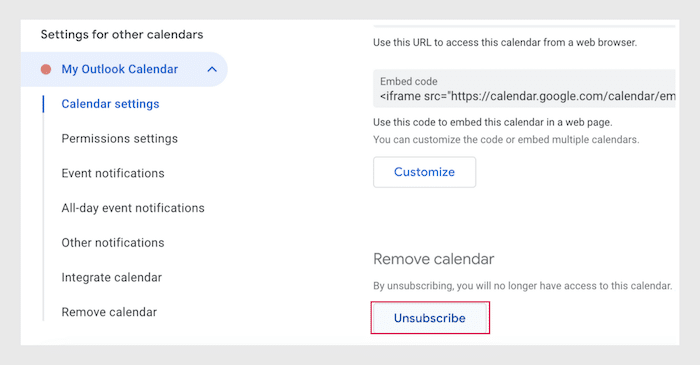 unsubscribe from google calendar