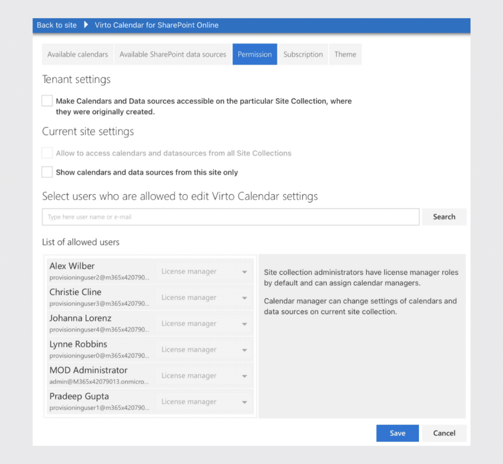 permissions in Virto Calendar