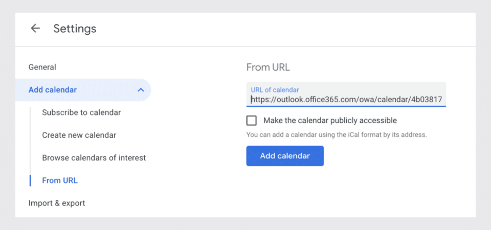 adding outlook calendar to google