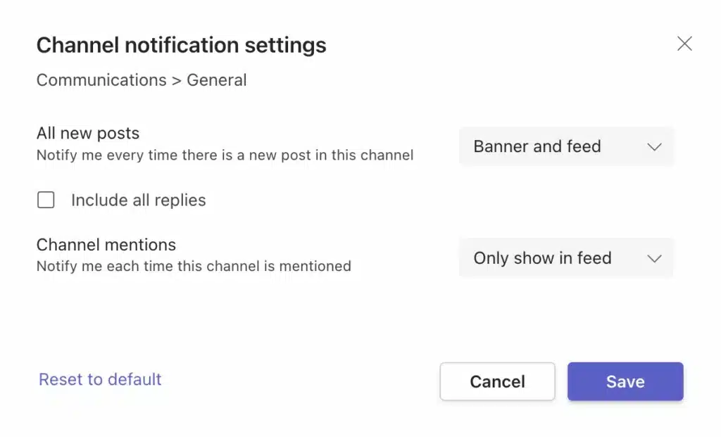 Channel notification settings in Teams