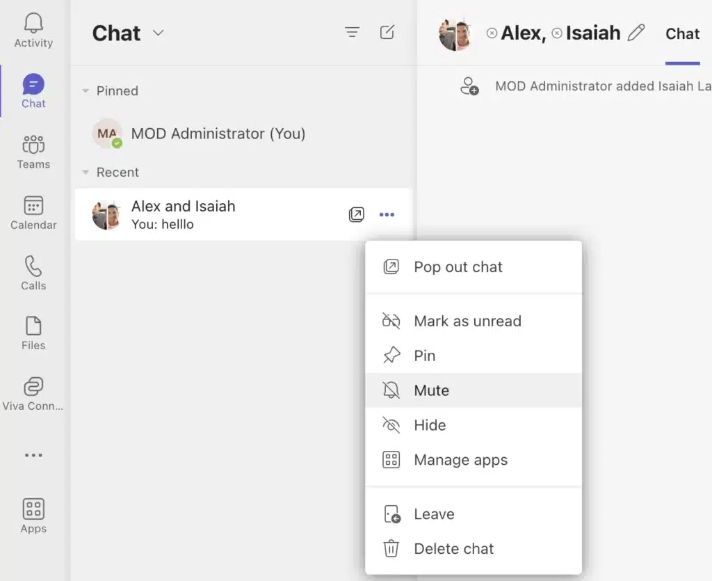 how to mute chat in MS Teams