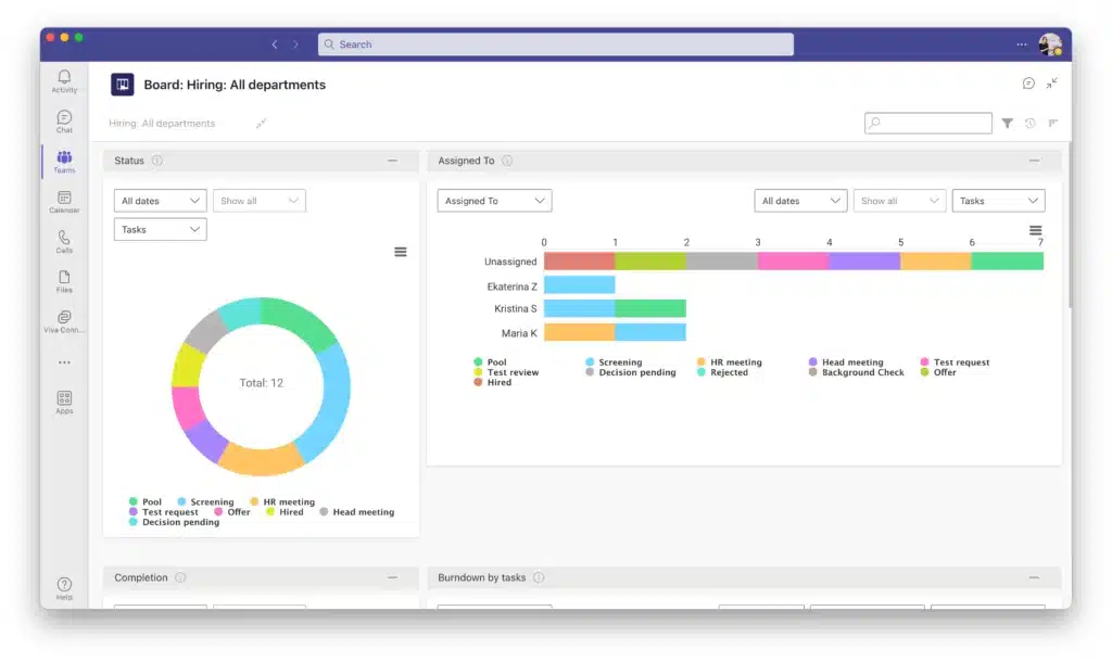 Virto Kanban Board App charts in Microsoft Teams