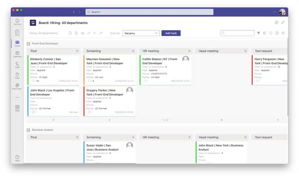 Virto Kanban Board App interface in Microsoft Teams