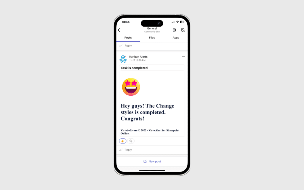 Virto Kanban Board alert in a Microsoft Teams channel
