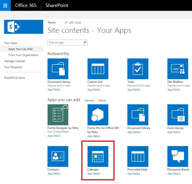 Apps in Site Contents