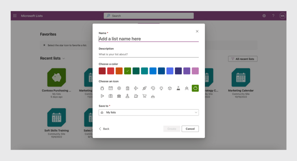Creating new list in Microsoft Lists - provide name