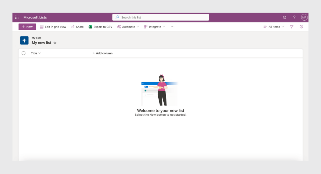 New list in Microsoft Lists