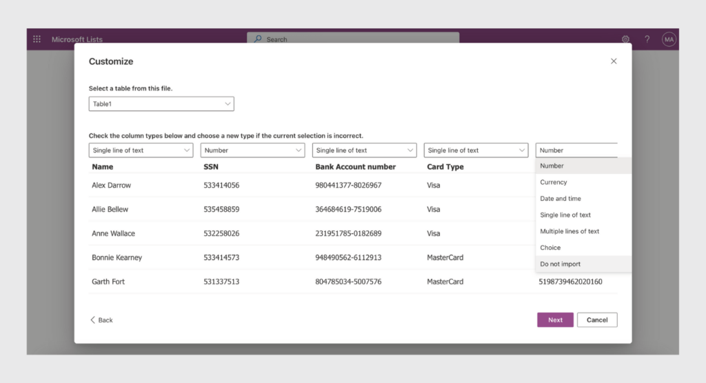 Choose data to upload in current list