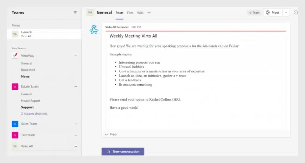 example of Virto Alerts in ms teams