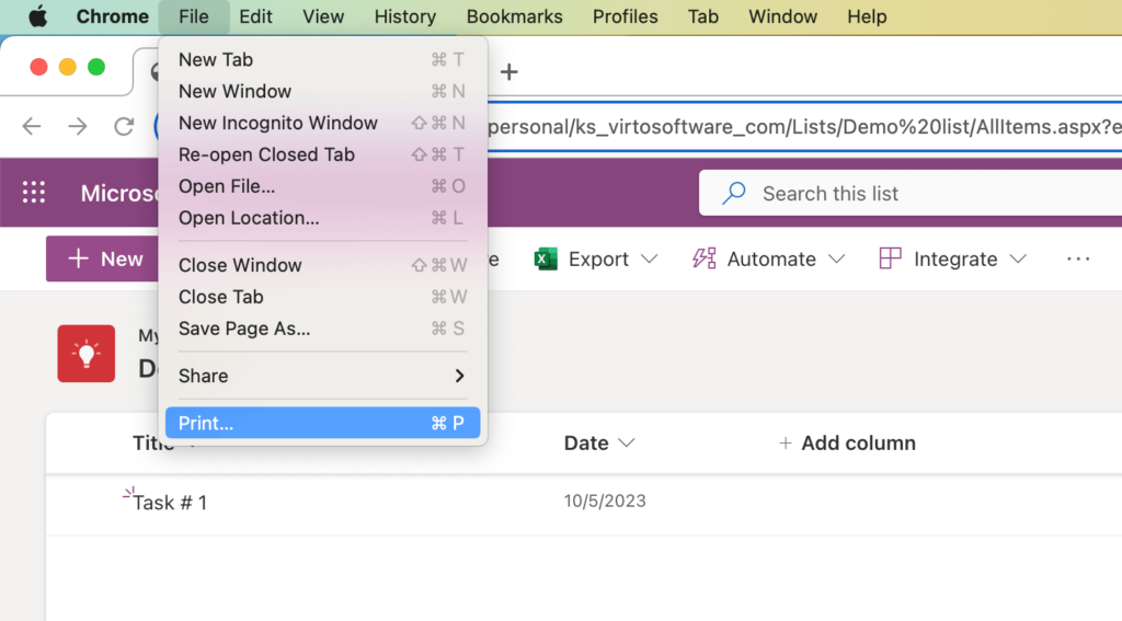 How to print Microsoft Lists\u00a0