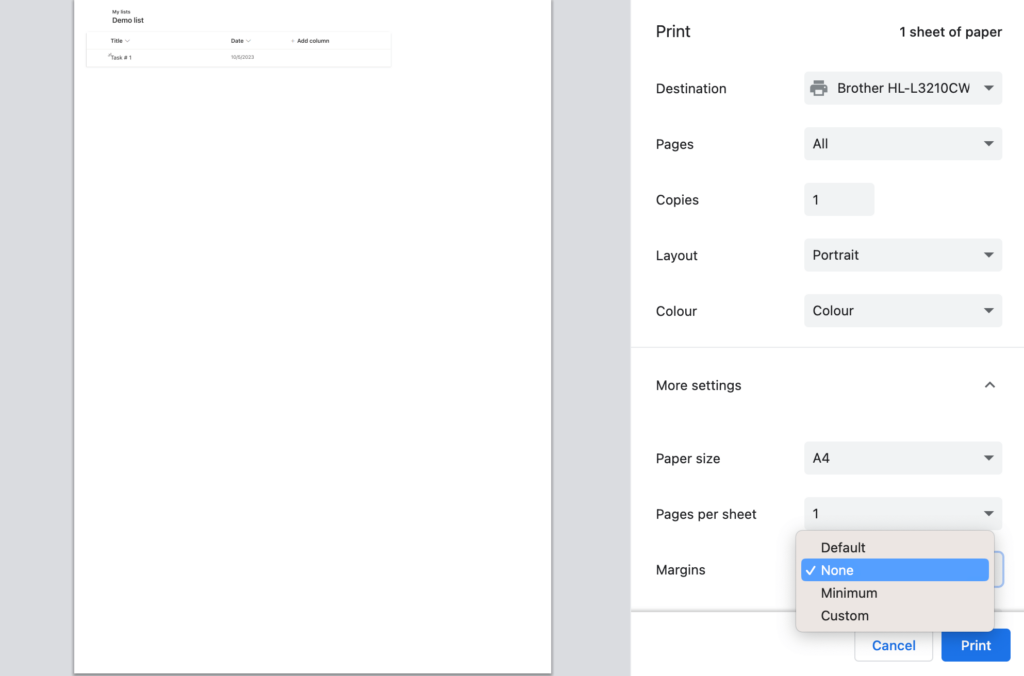A tip for a printout in Microsoft lists