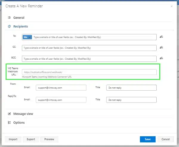 Im Abschnitt „Empfänger“ müssen wir einen Microsoft Teams-Webhook hinzufügen
