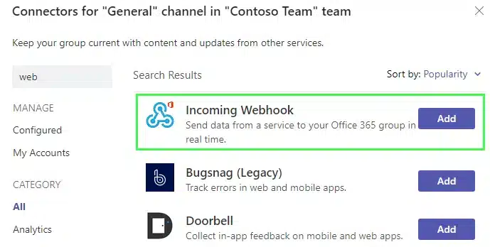 Suchen Sie nach dem eingehenden Webhook und klicken Sie auf „Hinzufügen“