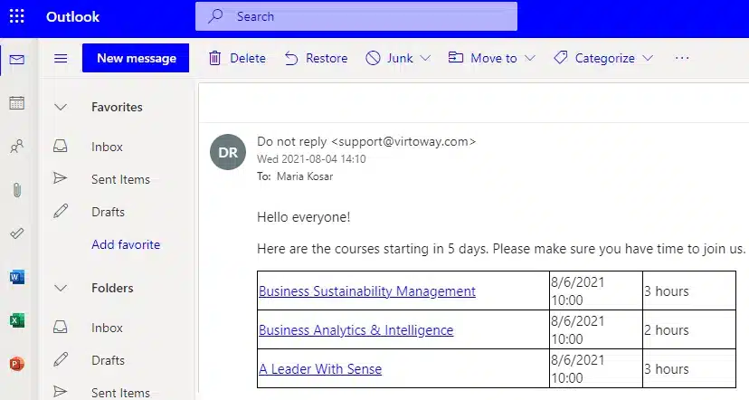 Und dieselbe Nachricht wird als E-Mail-Benachrichtigung angezeigt.