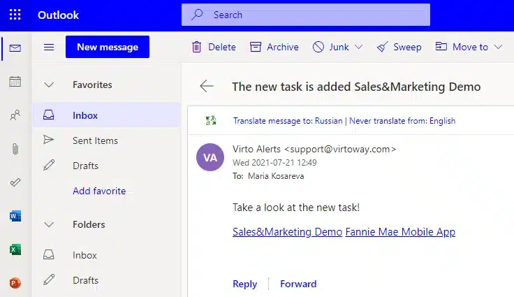 Als Ergebnis wird unsere neue Benachrichtigung als E-Mail-Nachricht angezeigt, in der Sie dem Link folgen und die Liste