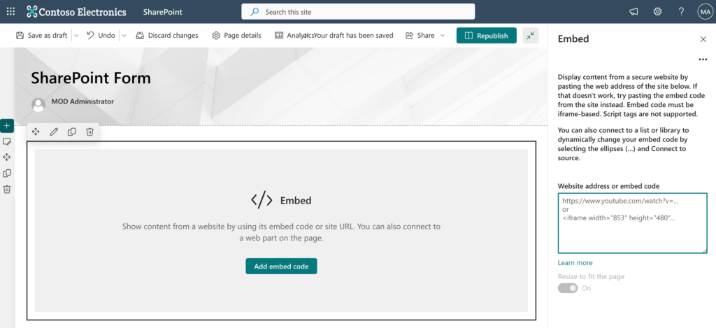 how to embed a SharePoint form
