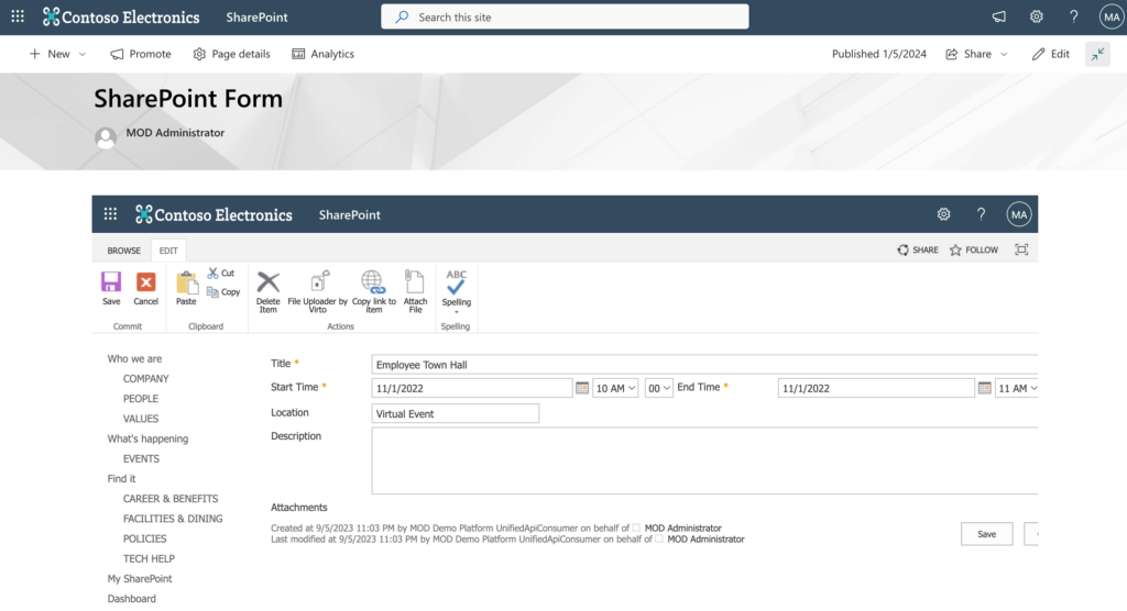 SharePoint embedded form