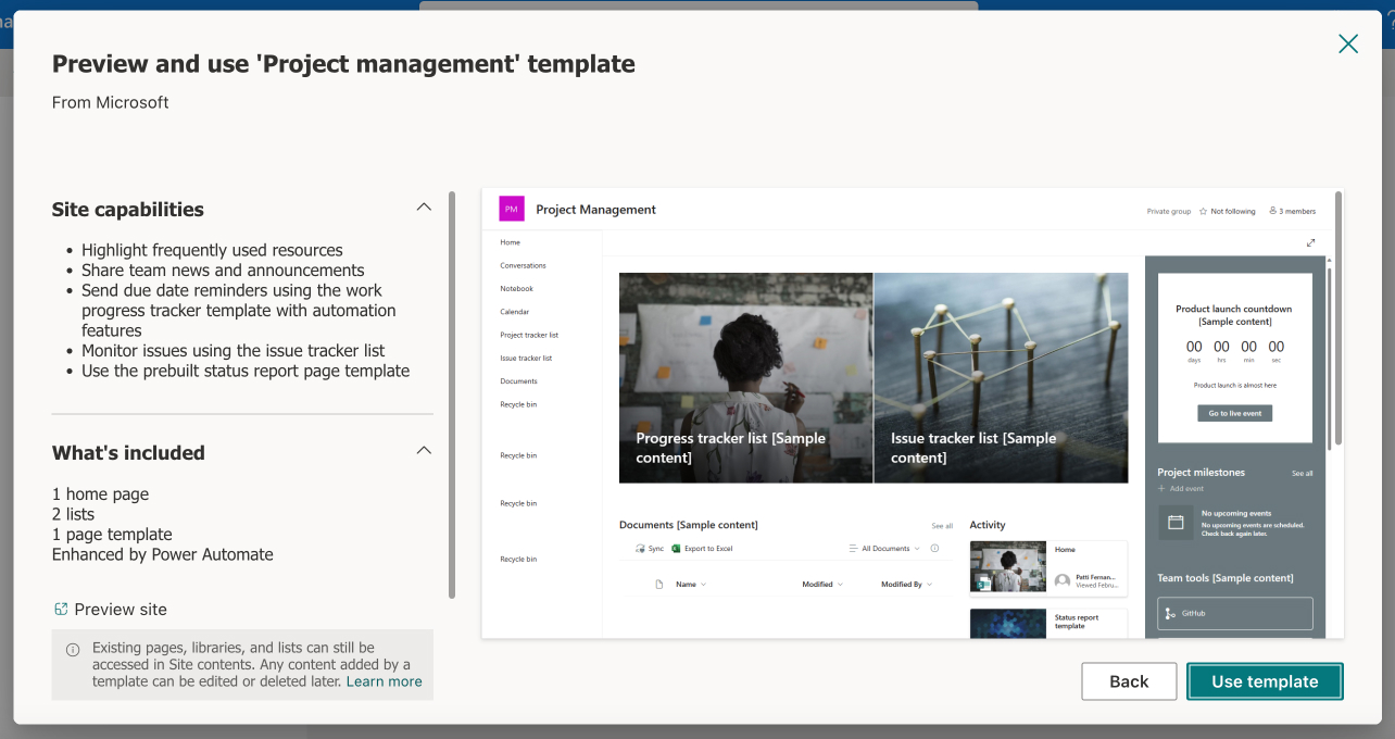 Creating a site within SharePoint Online using one of the default templates.\u00a0
