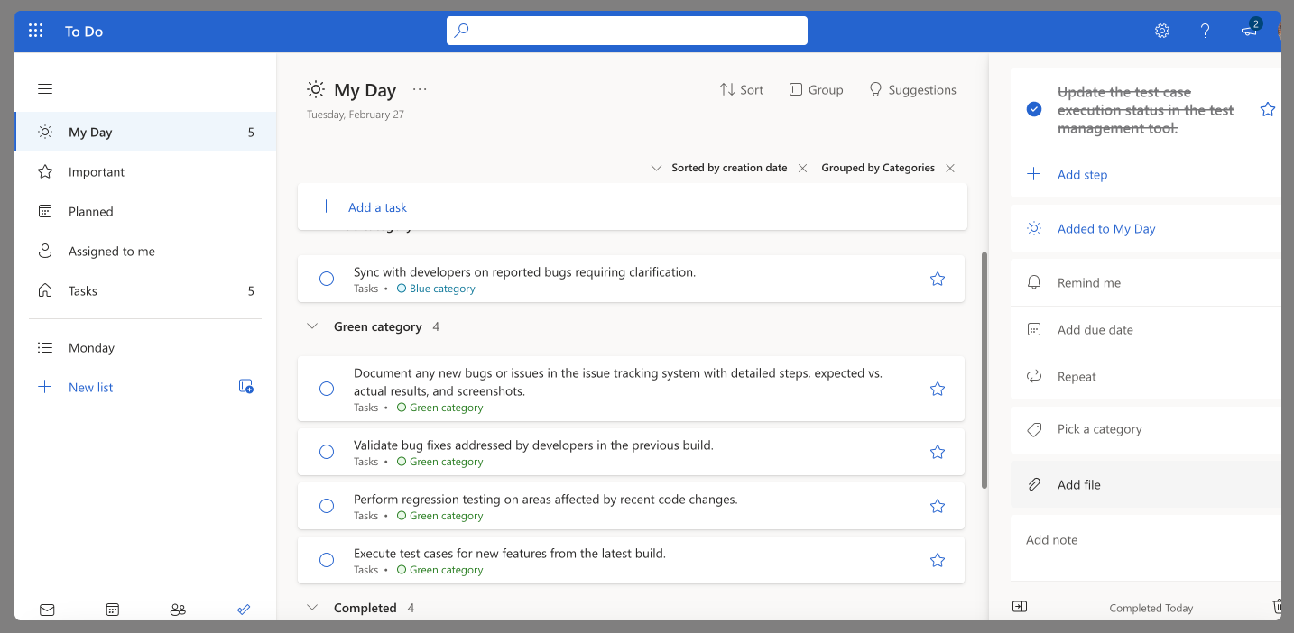 A sample To Do list of a QA tester.