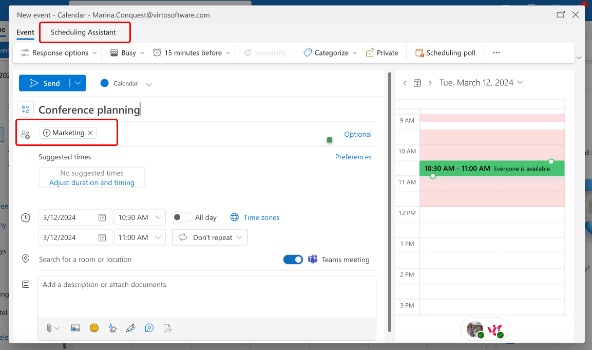 Scheduling assistant in Outlook