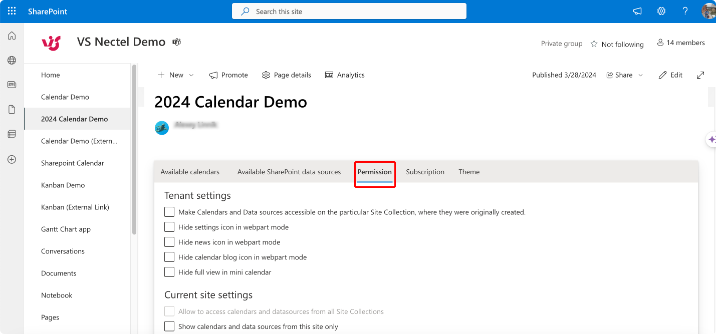 Reviewing and editing permissions in the “Permissions” tab in the Virto Calendar settings.