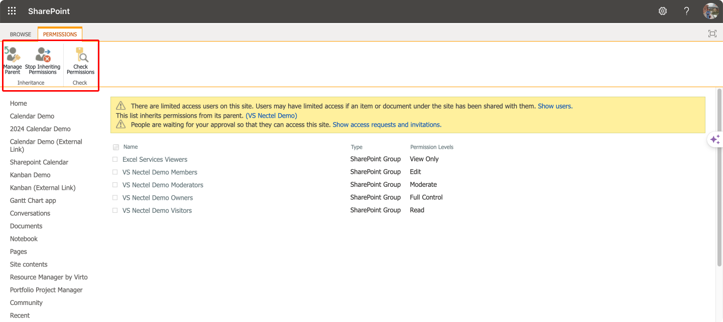 Navigating to the ribbon bar with the “Managing Parent” and “Stop Inheriting Permissions” options.