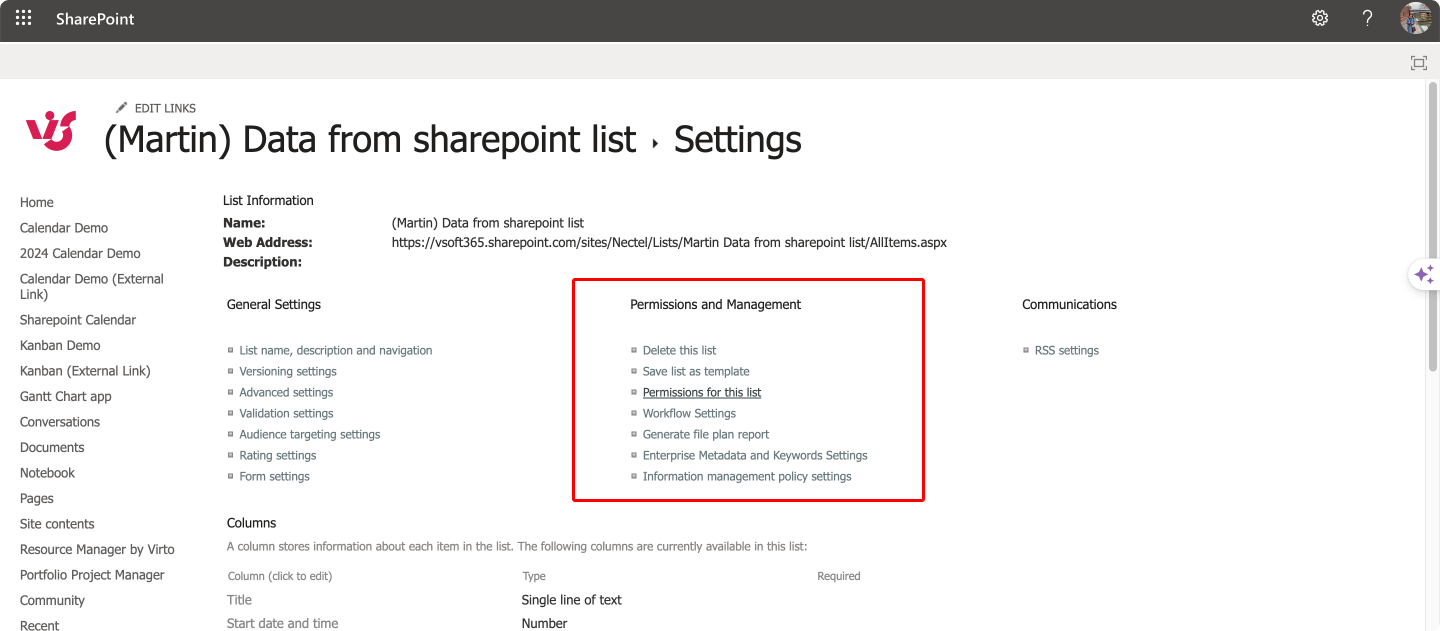 Navigating to the list permissions.\u00a0