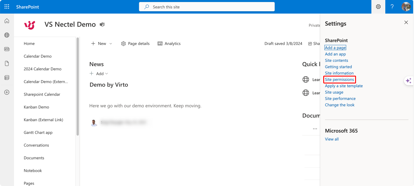 Selecting “Site permissions” on the SharePoint site.\u00a0