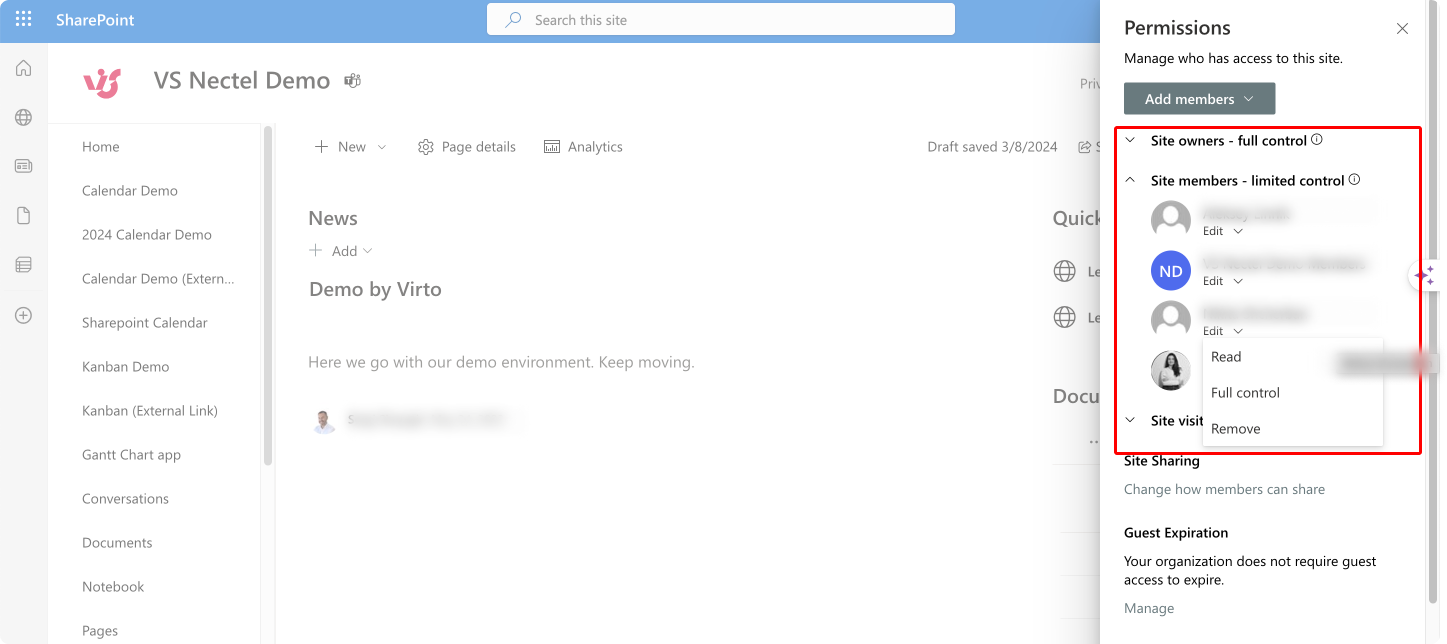 Editing permissions for the SharePoint site members.