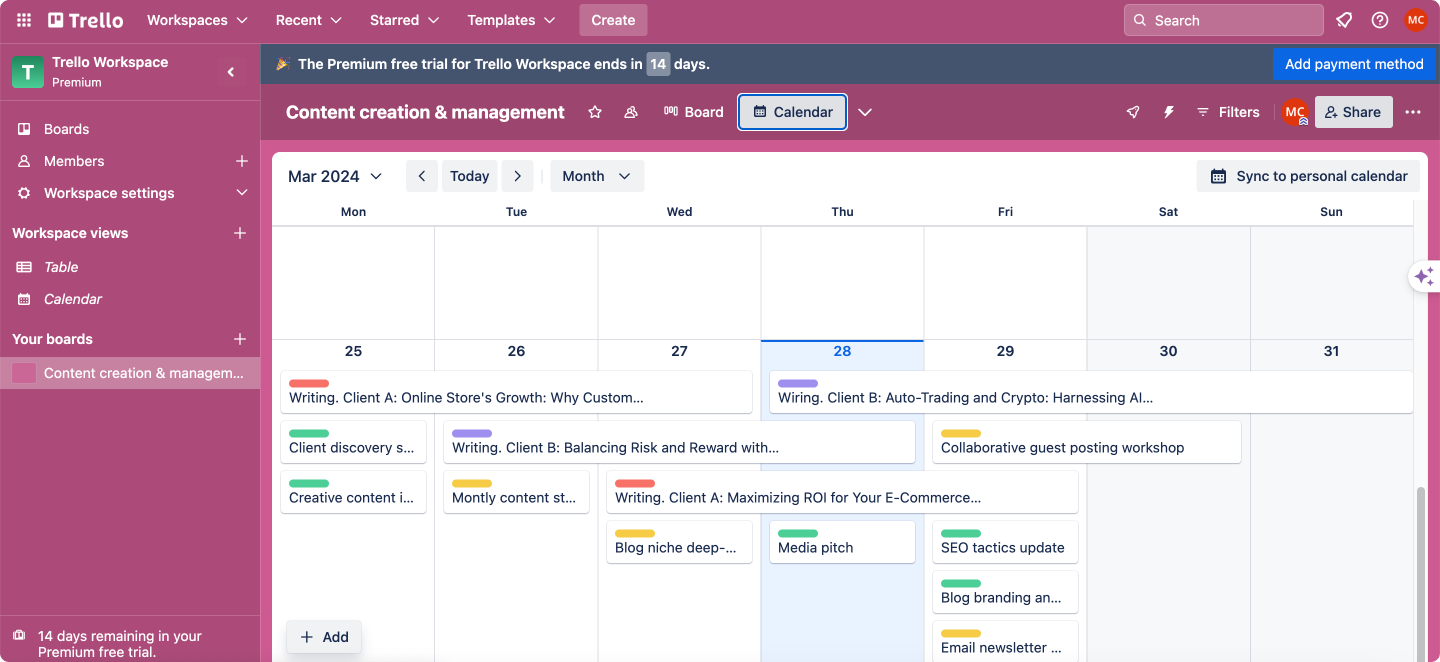 Example of Trello calendar schedule