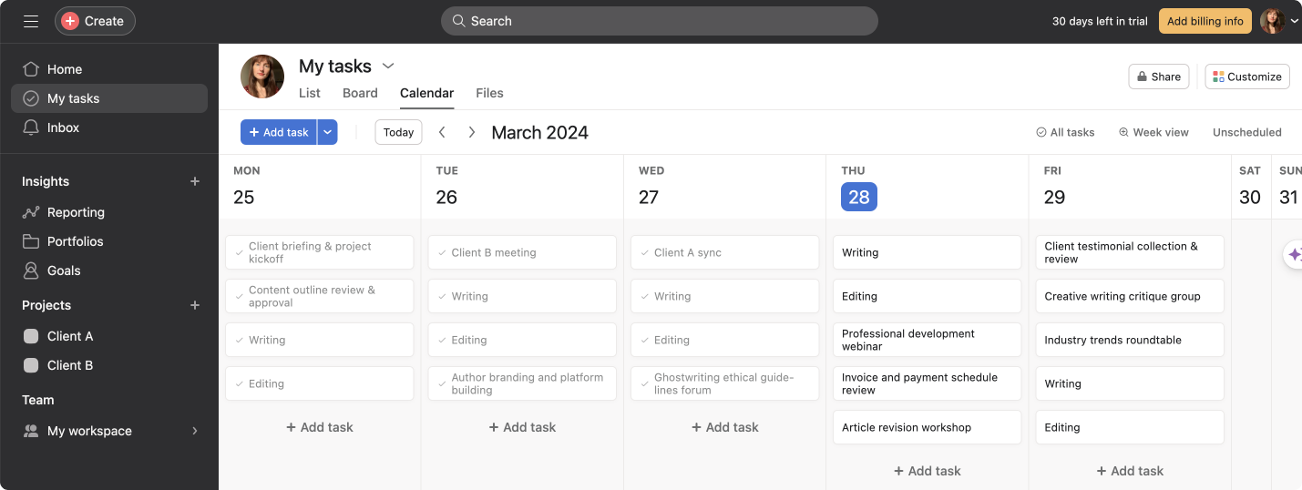 Example of Asana calendar project planner