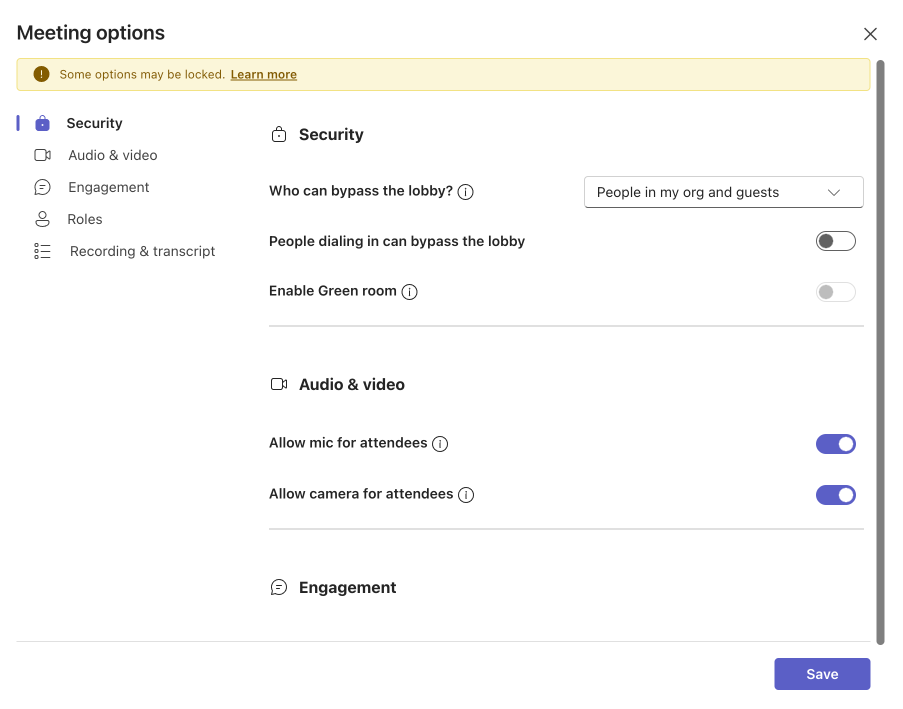 Click on “More options” to open up the “Meeting options” window and adjust permissions.