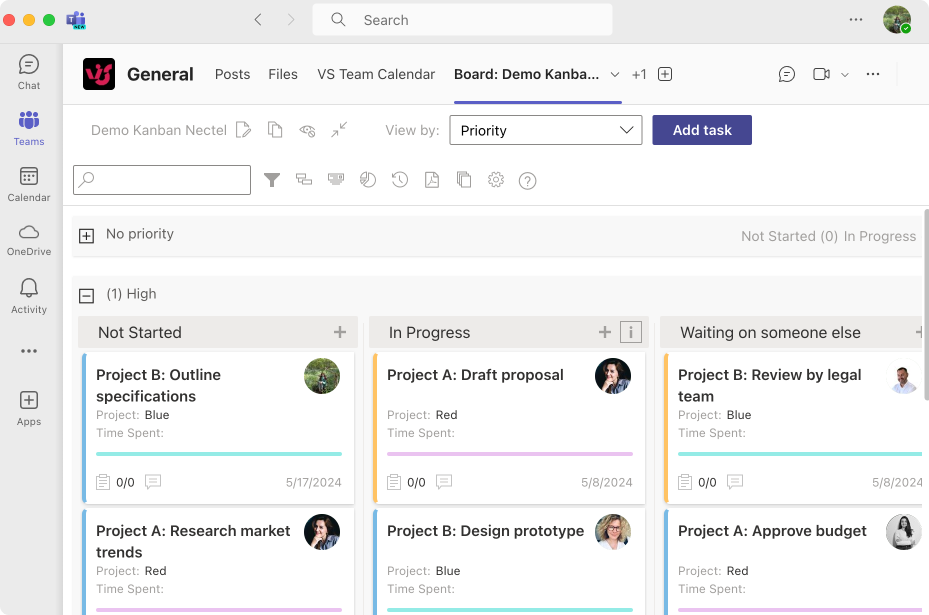 Kanban board integrated into Microsoft Teams as a tab in a dedicated channel.\u00a0