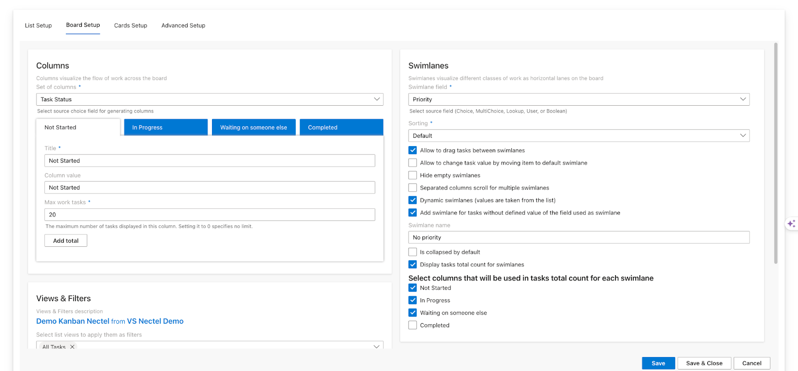 The Virto Kanban Board customizable settings for columns, swimlanes, views, and filtering