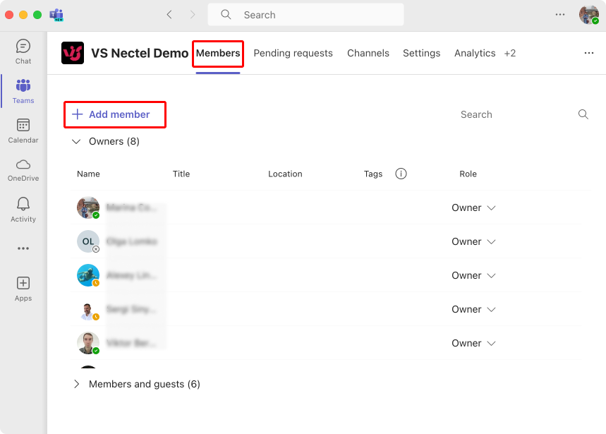 Adding a member in the “Manage team” section.