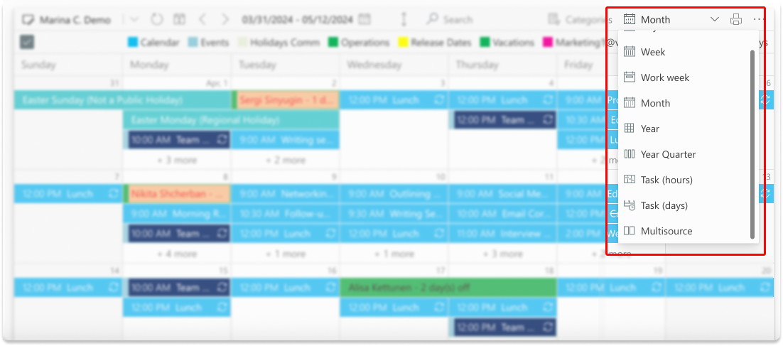 Choosing a preferable calendar view.