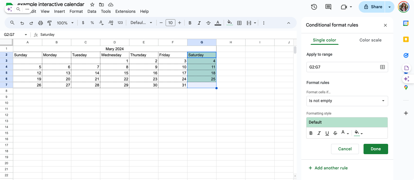 Color-coding weekends in your newly created Google Sheets calendar.\u00a0