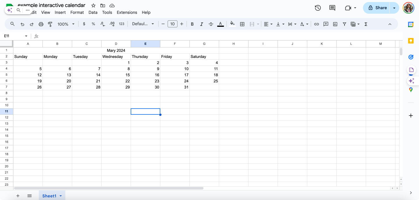 Creating a calendar in Google Sheets for May TEST_2025: accounting for days of the week and numbers for each day.