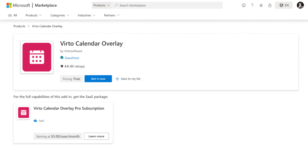 Virto Calendar App — Microsoft Marketplace listing.
