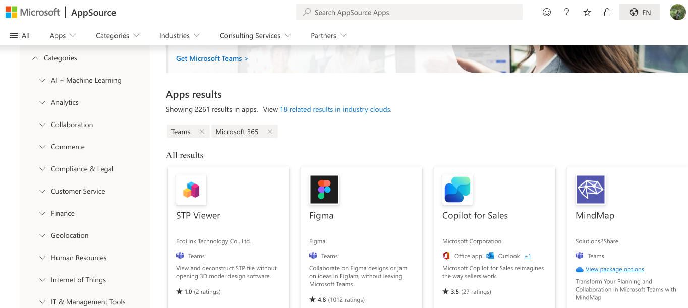 Exploring AppSource and various app categories.
