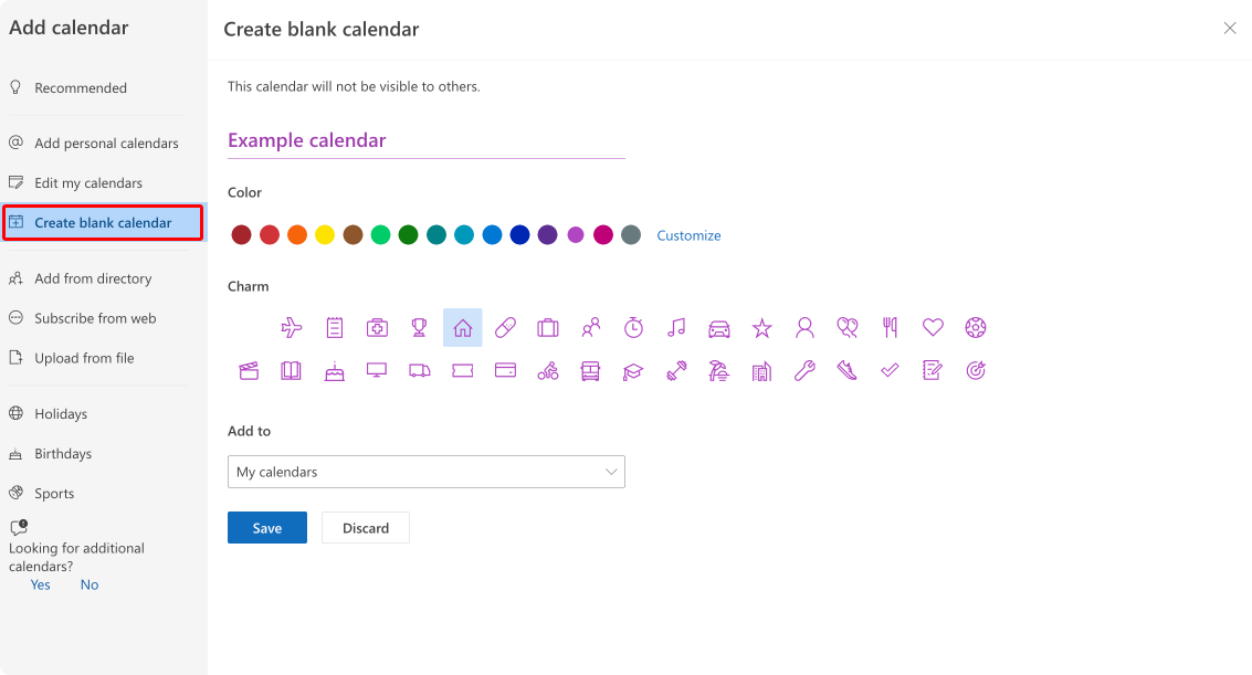 Click on ‘Create blank calendar’, name your new calendar, and choose where to store it.