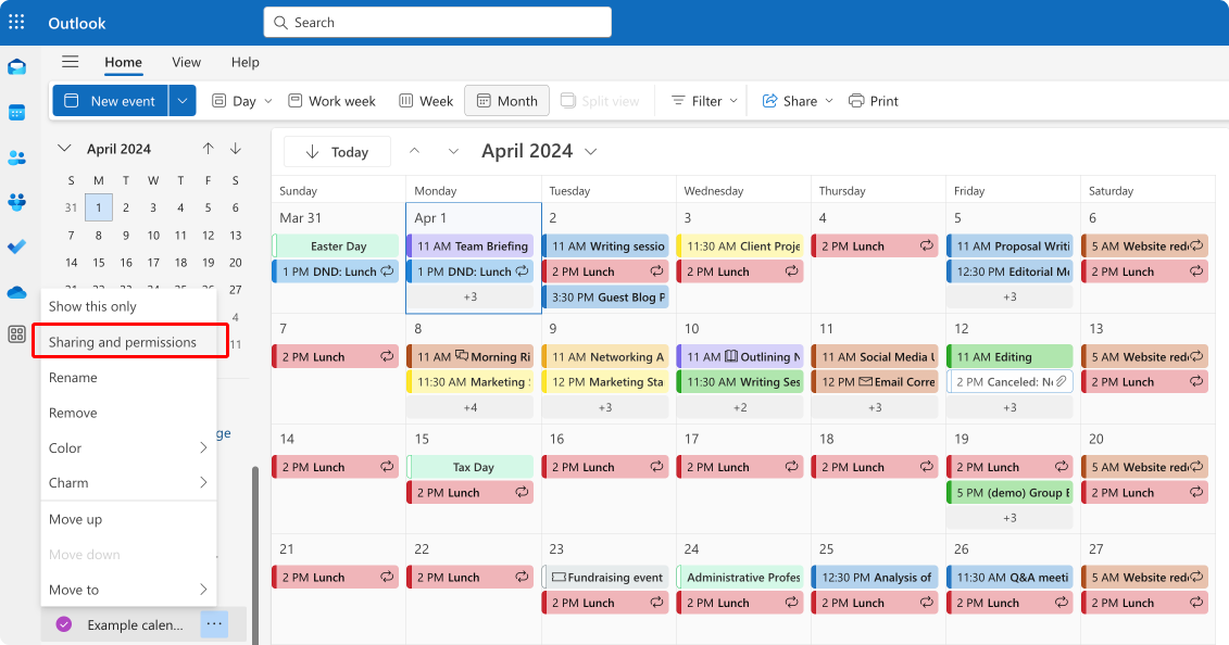 Right-click your calendar and select ‘Sharing and permissions’.