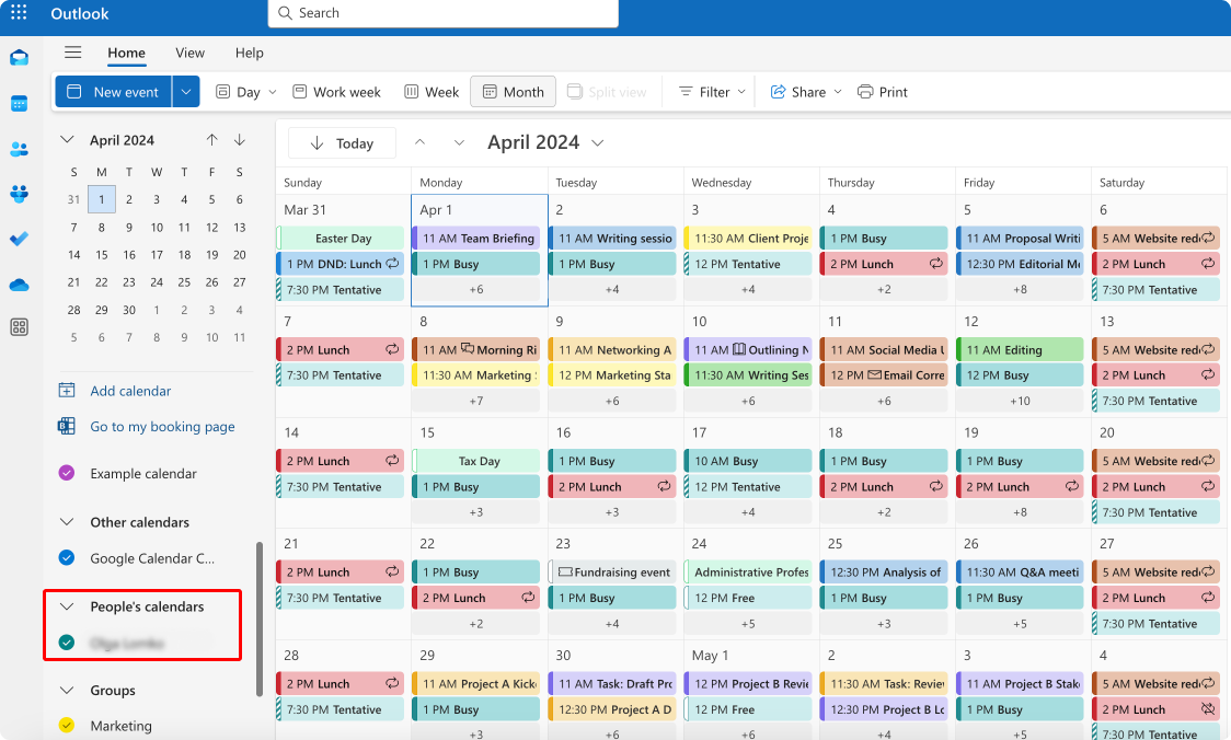 Viewing your added calendar under ‘People’s calendars’ section.