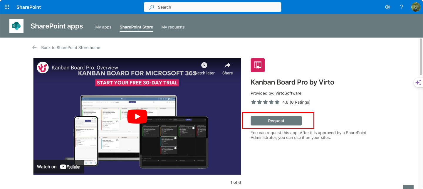 Installing or requesting to install the Virto Kanban Board.